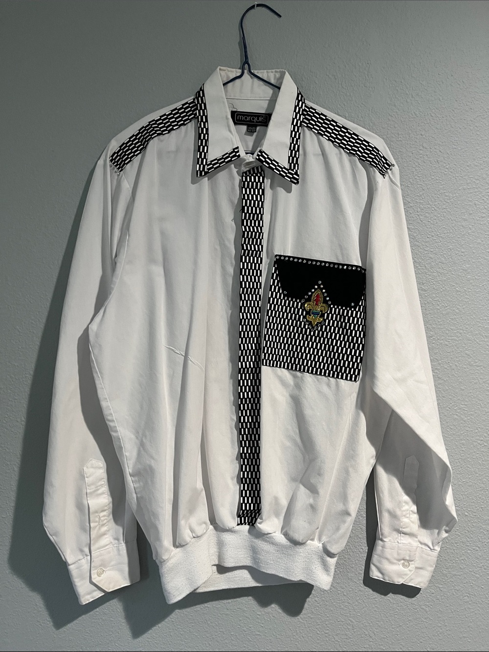 Marquis White Button-Down Shirt with Black Pattern Trim and Embroidered Crest